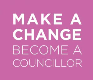 pink box with the words 'make a change become a councillor'