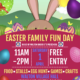 picture of and easter bunny and easter eggs with text promoting the pre school easter family fun day